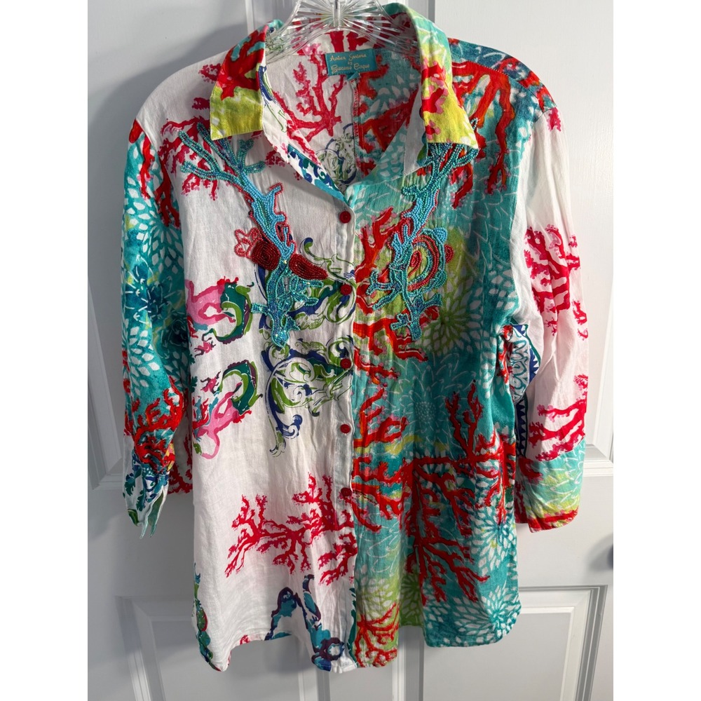 Antica Sartoria Giacomo Cinque Coral Print Beaded Cotton Shirt Womens L